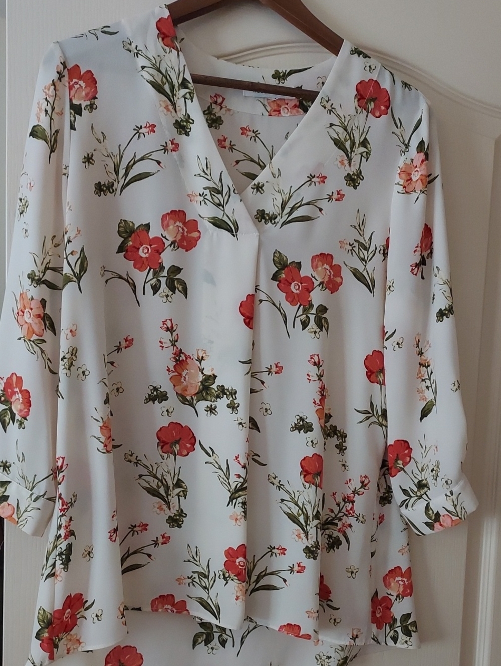 Rose & Olive Ivory V-Neck Blouse with Orange and Peach Flowers